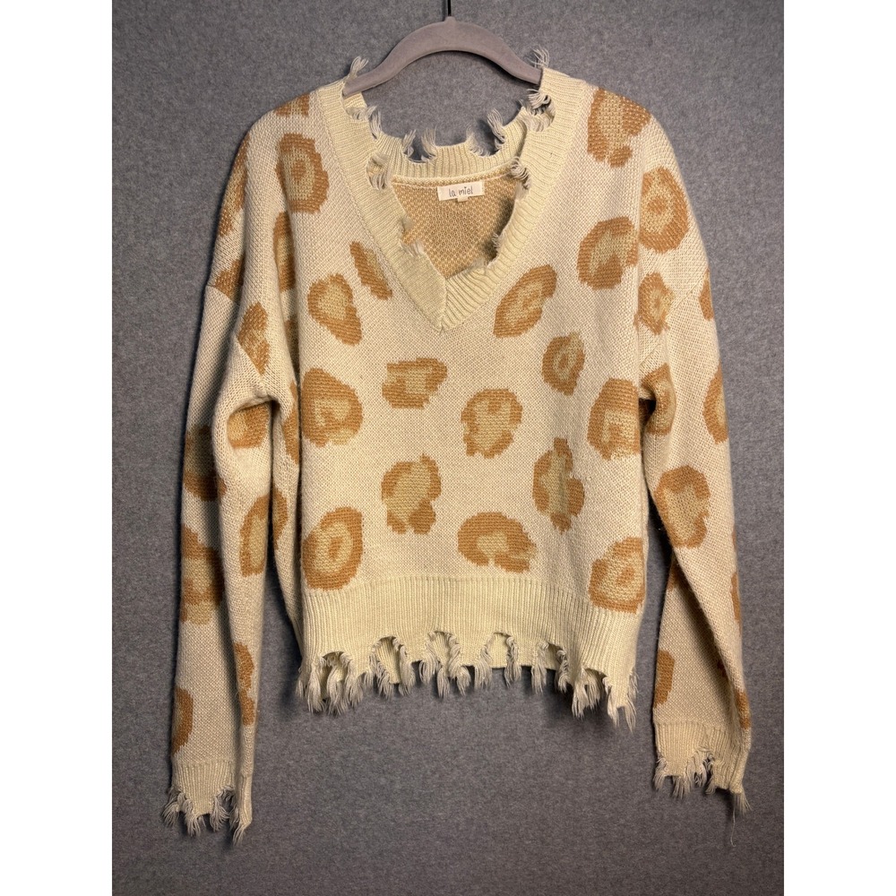 La Miel Distressed Leopard Sweater Cream Tan Grunge Oversized Knit